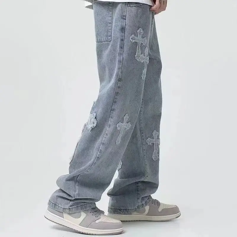 Streetwear gótico jeans feminino y2k cintura alta calças jeans casuais cruz carga coreano verão em linha reta baggy punk roupas