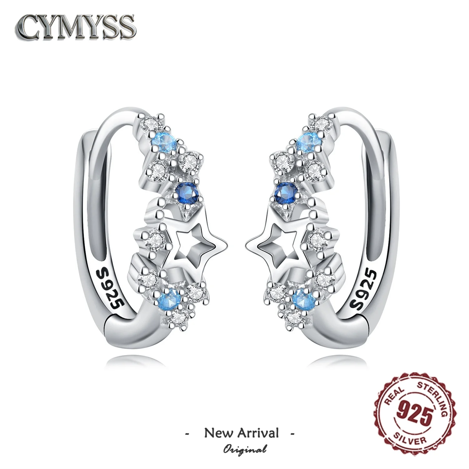 S925 Sterling Silver Versatile Exquisite Star Moon Blue Galaxy Hoop Earring Jewelry for Women Birthday Valentine's Day Gift