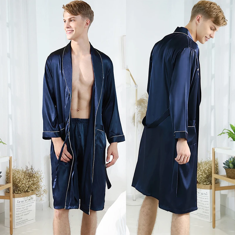 Shorts 2Pcs Nightwear Men Satin Homewear Loungewear Male Lapel Home Clothes Embroider Letter Kimono Outfit Trousers Suit