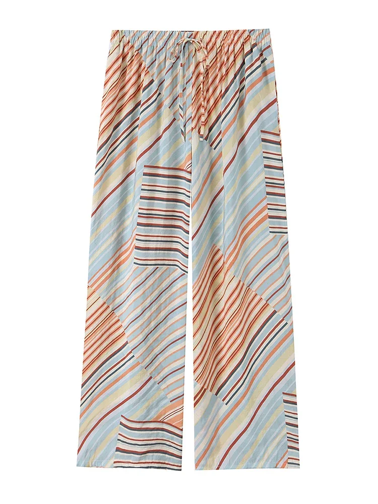 New Women Summer Spring Colorful Striped Wide Leg Pants Summer Relaxed Comfortable Elastic Waist Trousers For Casual Daily Wear