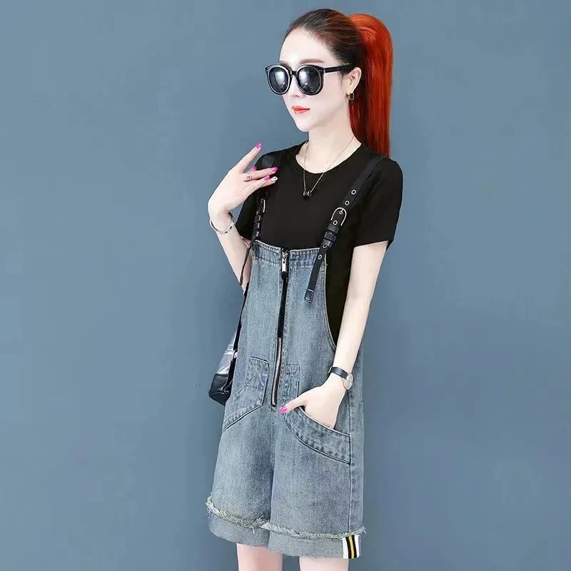 Denim Rompers Women Summer Baggy Solid Suspender Jeans Student Jeans Jumpsuit Korean Style Casual Denim Shorts Strap Pants