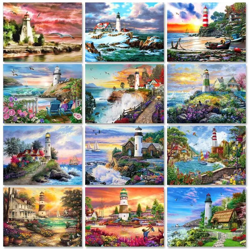 

GATYZTORY Decorative Painting By Numbers For Handiwork Seaside Lighthouse Coloring By Numbers Canvas Painting Landscape Gift