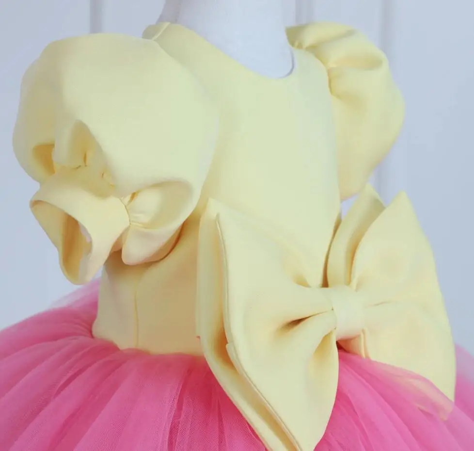 Princess Flower Girl Dress Yellow Pink Short Sleeve Puffy With Bow Baby Kids Birthday Prom Ball Gown First Communion Dress