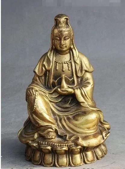 Chinese Buddhism Brass Sit Vase Free Kwan-yin GuanYin Bodhisattva Goddess Statue