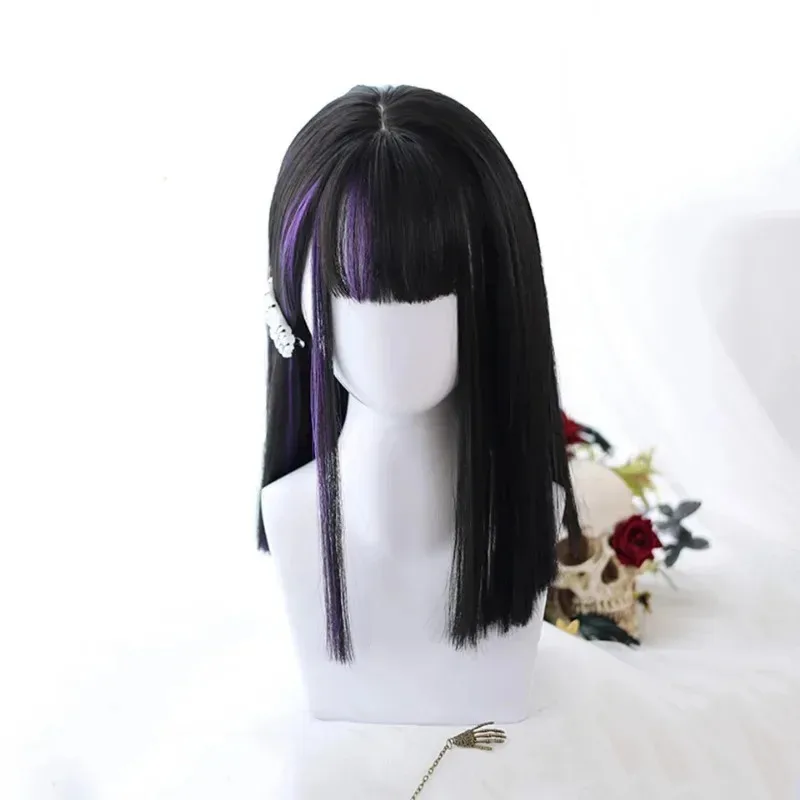 2025 القوطية لوليتا تأثيري الاصطناعية أسود أرجواني مختلط اللون يسلط الضوء على شعر مستعار قصير مستقيم Coser فتاة باردة هالوين واي