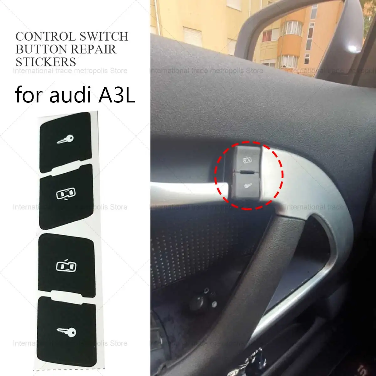 Repair Kit for Audi A3L: Left+Right Matte Black Door Lock Switch Stickers. Fix Worn-Out Control Buttons