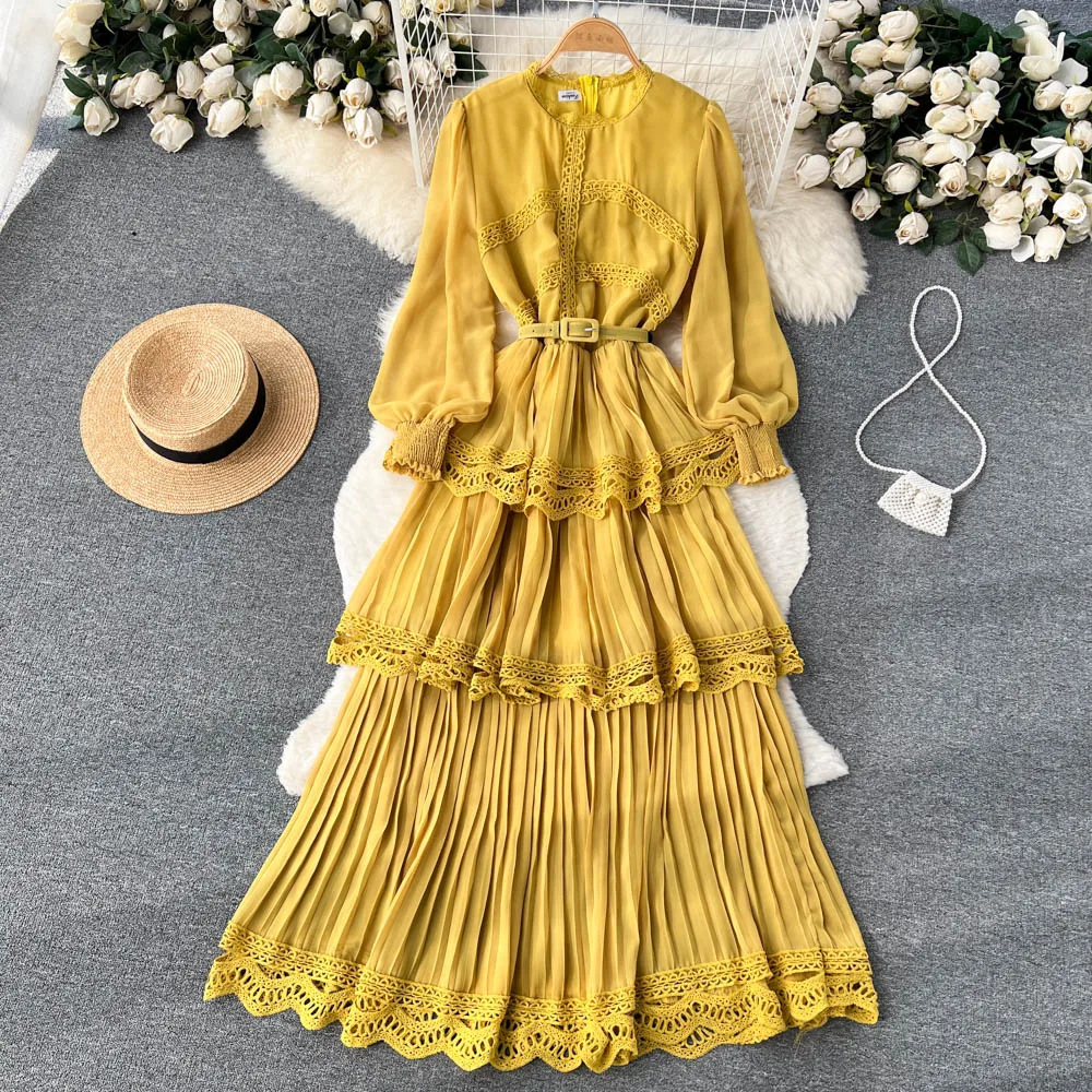 Vestido feminino de renda vintage plissado em camadas, chique moda a linha A, vestidos de manga longa, elegante, primavera, outono