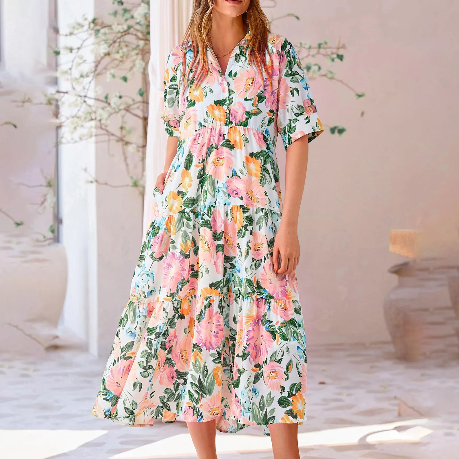 

Printed Party Dresses For Womens High Waist Slit Long Dresses Sexy V Neck Short Sleeve Dress Holiday Style Dress Women Clothes