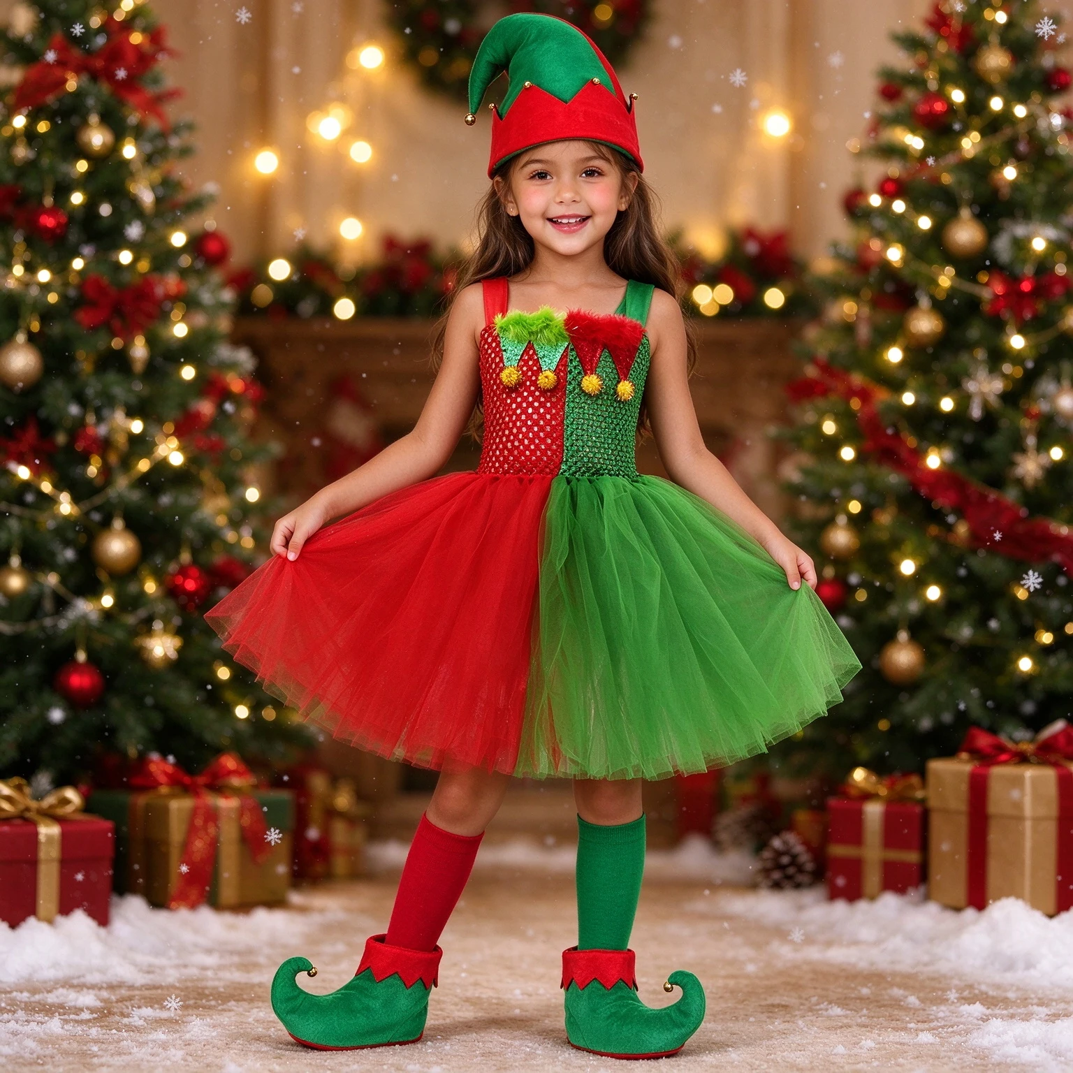 Girls Christmas Elf Costume Kids Sparkly Sequins Tulle Tutu Dress Xmas Holiday Santa Family Party Performance Children's Costume