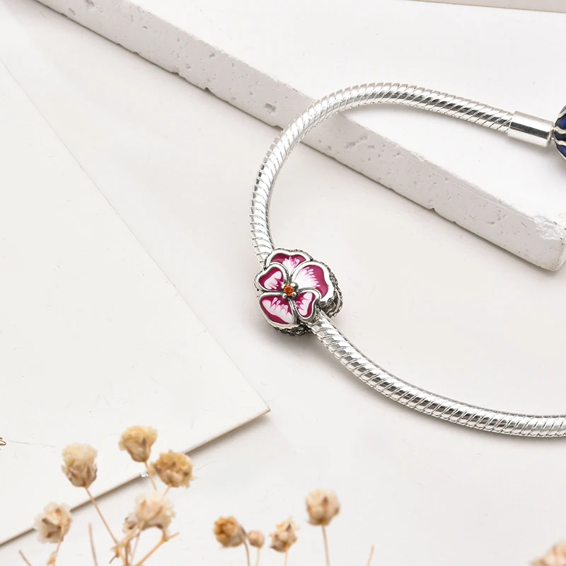 الوردي الأزرق الأرجواني بانسي زهرة سحر الخرزة الاكسسوارات هدية تناسب الأوروبية الأصلية الفضة سوار DIY مجوهرات للنساء