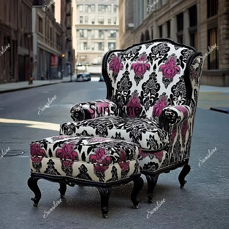 French retro solid wood sofa chair flannel printing fabric balcony leisure
