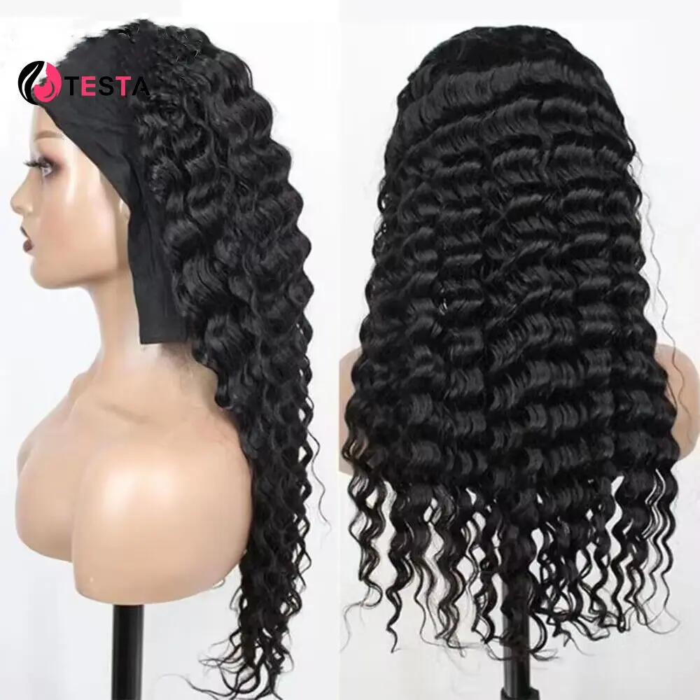 Deep Wave Headband Scarf Wig Human Hair None Lace Full Machine Made For Women Brazilian Remy Curly Wig 12-26 Inch