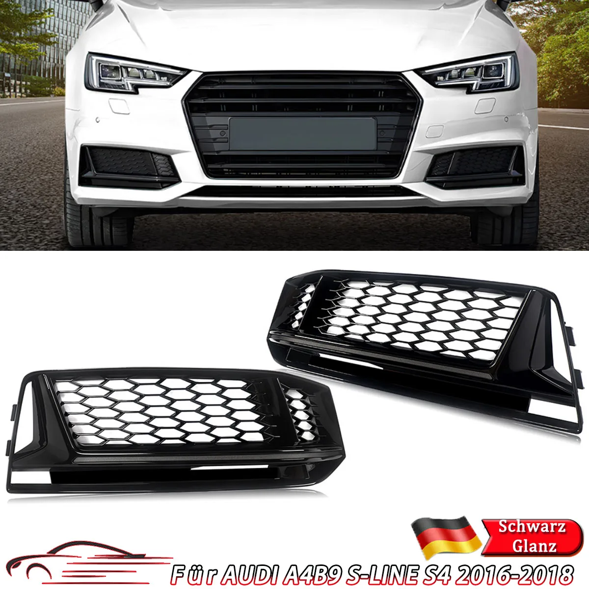 Per Audi A4 B9 S-line/S4 RS5 2016-2018 Coppia di Griglie per Fendinebbia Anteriori Stile RS5, Cornice Nera Lucida a Nido d'Ape in ABS