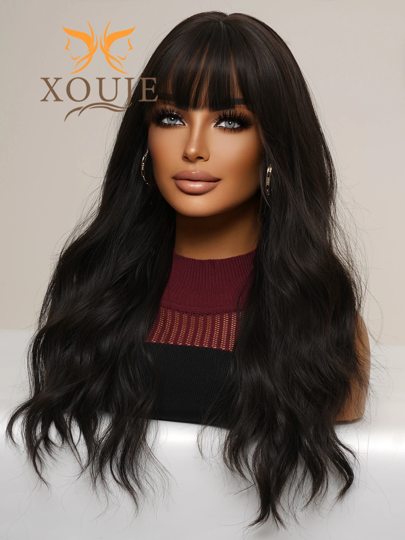 XOUJE Brown Wavy Curly Wigs Hair Beautiful pretty Fashion Ladies Wigs Synthetic Heat Resistant Fiber Wigs for Daily Use