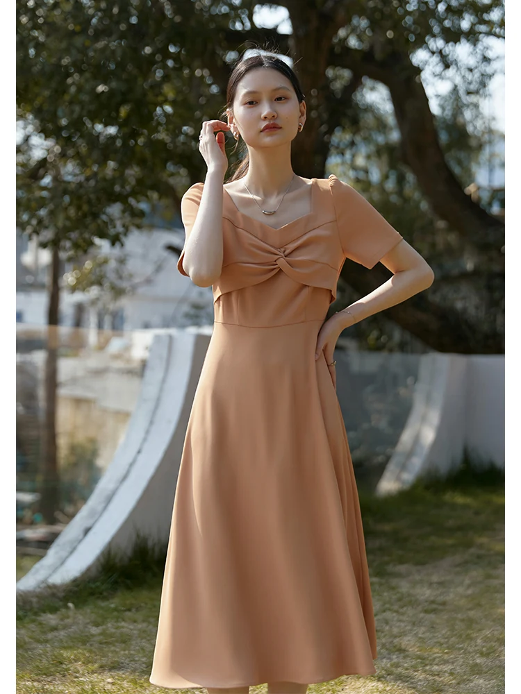 ZIQIAO Japanese Square Neck Three-dimensional Cut Bow Mid-Calf Dress Drape A-LINE Skirts Office Lady Solid Summer Long Dress