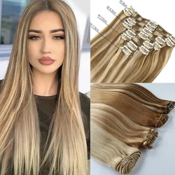 LUCK Clip in Human Hair Extensions Remy Natural Hair Clip in Extensions Highlighted Golden Blonde Straight Human Hair Extension