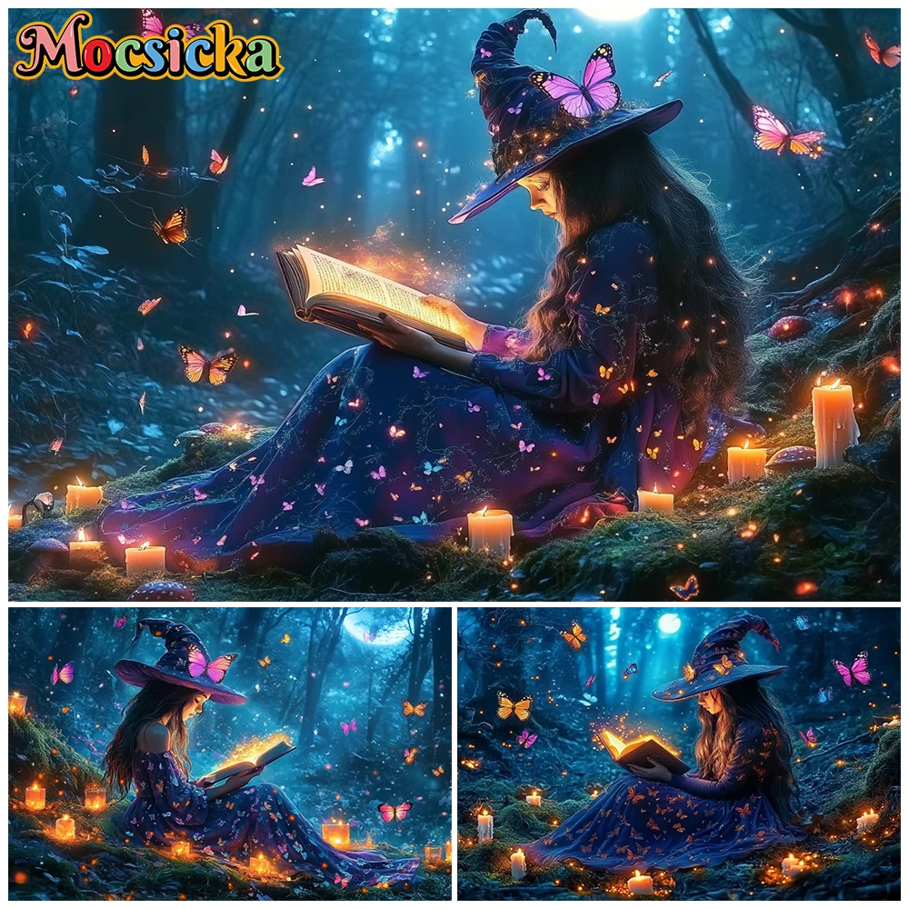 Mocsicka Halloween Backdrop Forest Witch Magic Book Butterfly Dark Forest Photography Background Fairy Tale Portrait Photo Booth