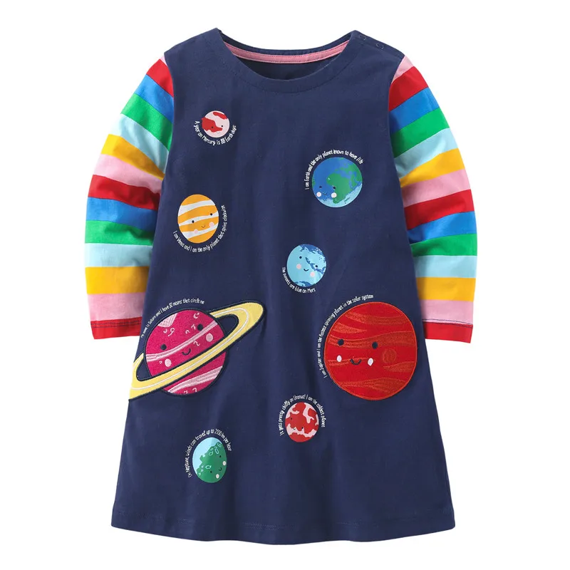 Jumping Meters Princess Girls Space Dresses For Autumn Spring Fashion Kids Cotton Clothes O-neck Toddler Cute Frocks