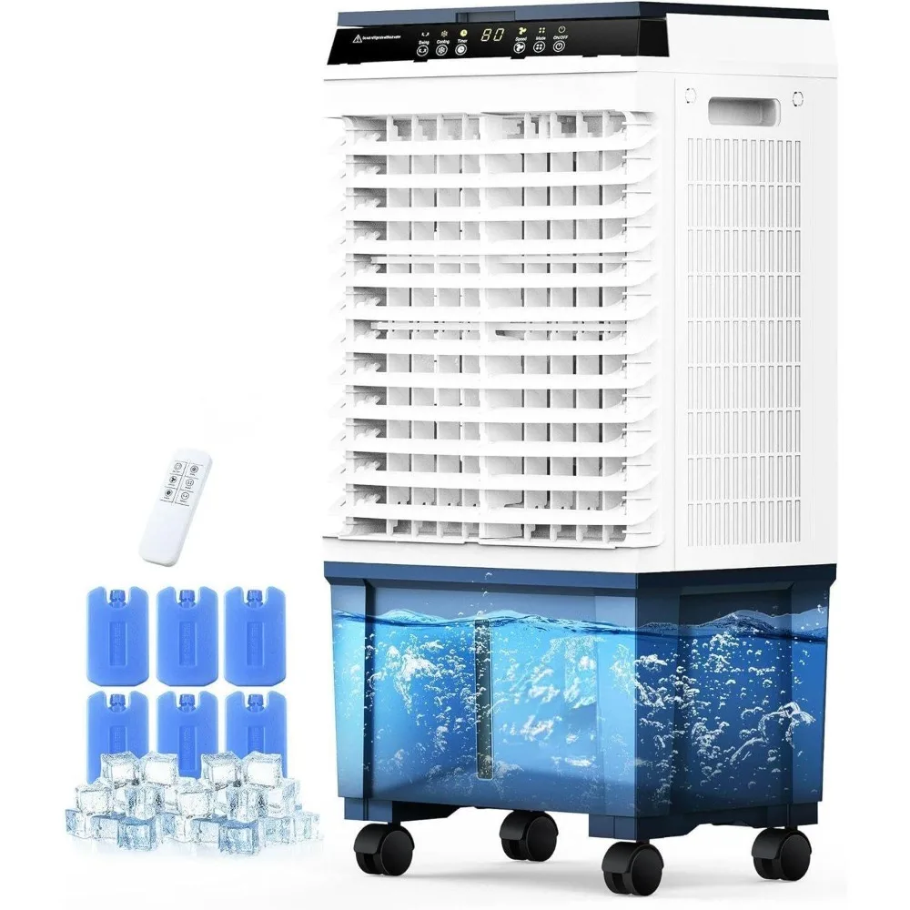 مبرد هواء تبخيري محمول، مبرد مستنقع 1800 CFM مع 6 صناديق ثلج وخزان مياه 5.3 جالون، 110 °   أرجوحة، جهاز تحكم عن بعد مطور