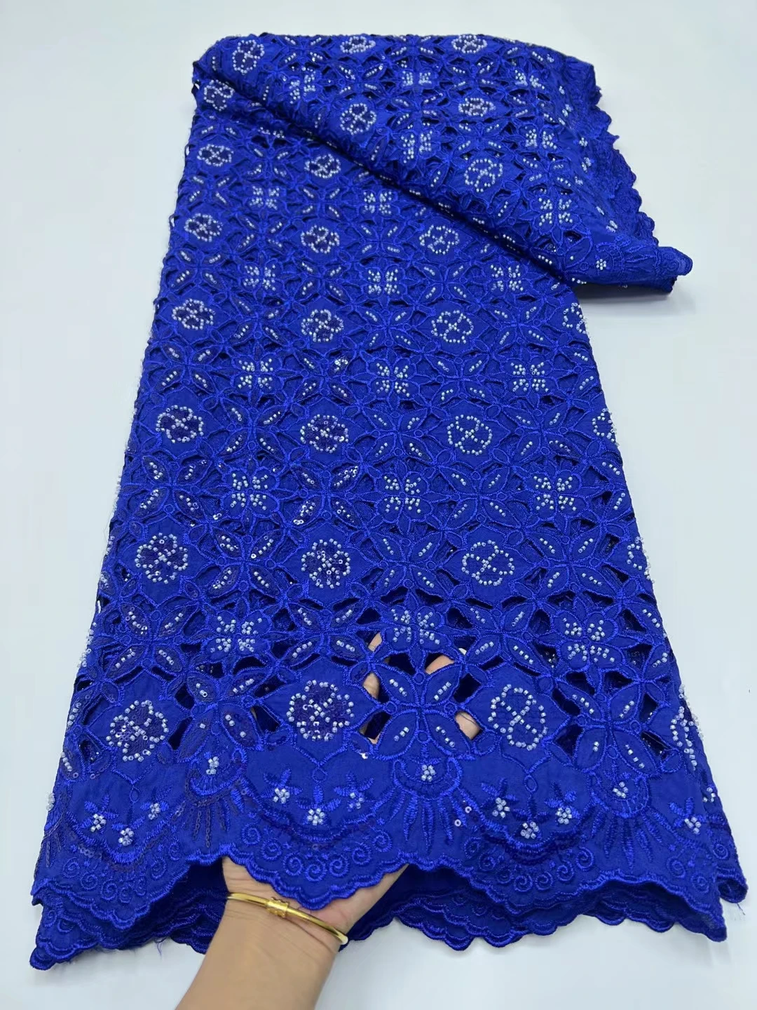 

Latest Royal Blue African Beads Sequins Cord Lace Fabric 2024 High Quality French Nigerian Guipure Lace Fabric For Party KR24144