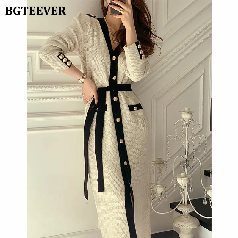 

Платье-Свитер BGTEEVER женское с длинным рукавом, Элегантное трикотажное однобортное приталенное, с V-образным вырезом, на шнуровке, Осень-зима