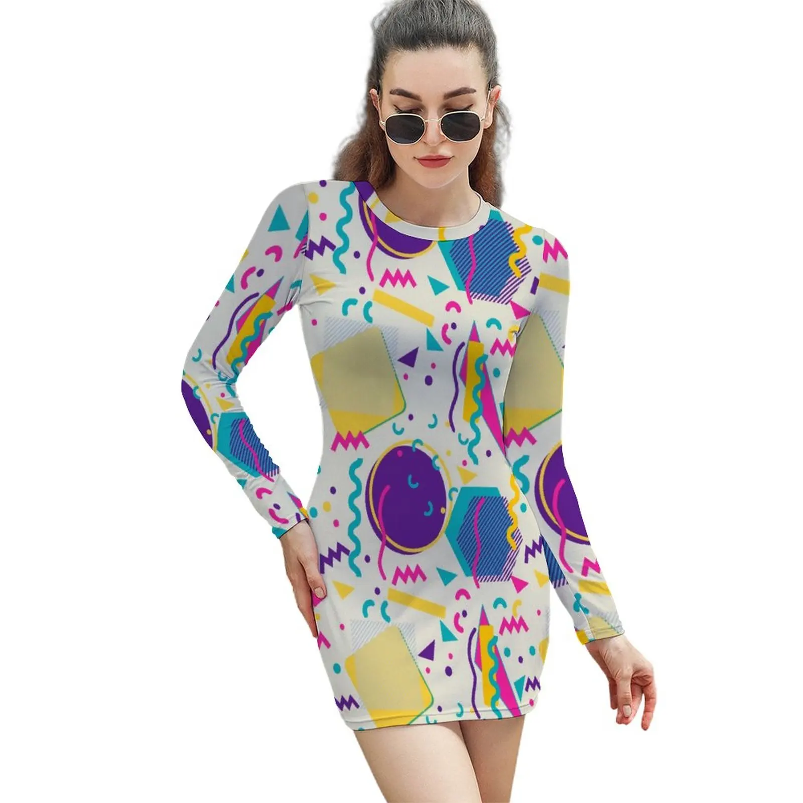 Memphis Style Bodycon Dress Ladies Retro 80s Light Design Kawaii Dresses Holiday Long Sleeve Aesthetic Printed Dress Big Size