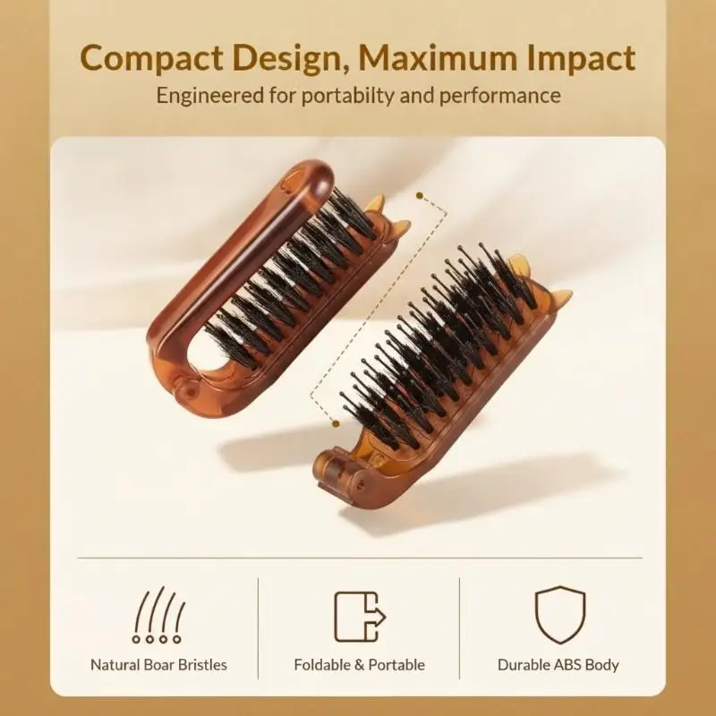 Foldable Boar Bristle Hair Comb Anti-Static Detangling Scalp Massager Brush for Travel Daily Hair Care