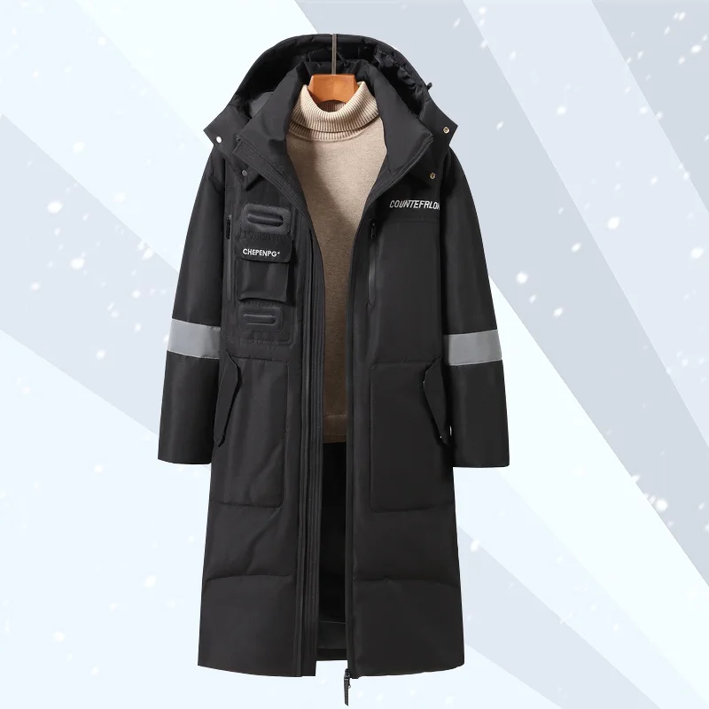 Men Hooded Long Sleeve Down Coat Spliced Down Jackets Outerwear Zipper Pockets High Street Thick Warm Winter 2025 Patchwork