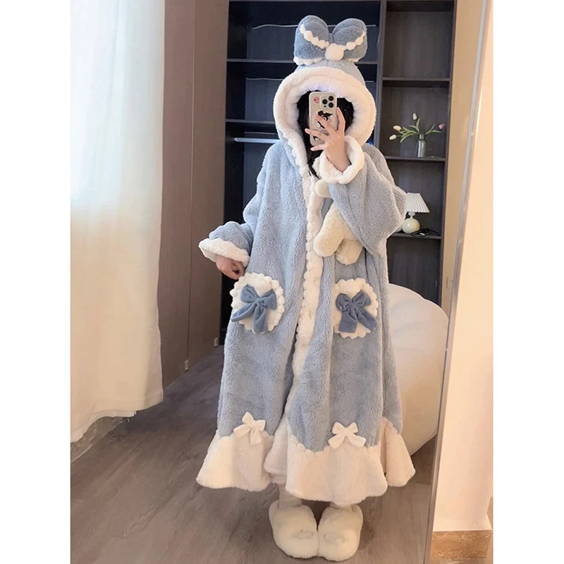 Bow Robe for Women Sleepwear Nightdress Winter Night Wears Warm Fleece Pajama One Piece Nightgown Ruffles Long Sleeve Homewear