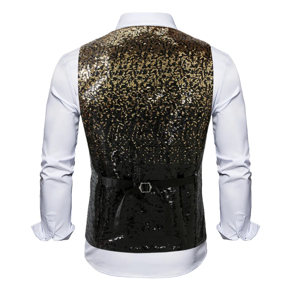 2026 New Men's Black-Gold Sequin Vest, Shiny Gold & Black, Single-Breasted, Formal/Wedding, Stylish Fit, Party Tuxedo Waistcoat.