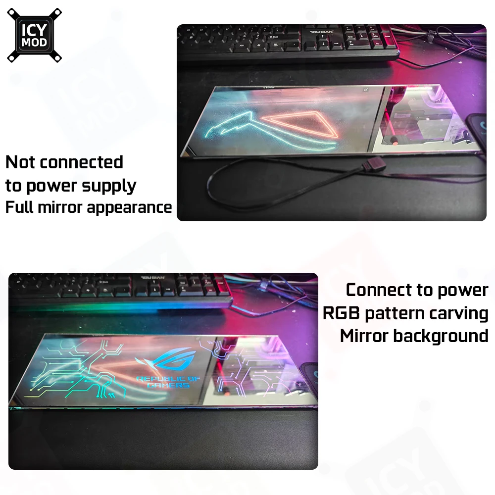 ICY MOD Mirror RGB Lighting Panel Customization Theme Pattern Text Carving PC Gaming 5V3PIN/12V4PIN AuraSync Luminous Panel MOD