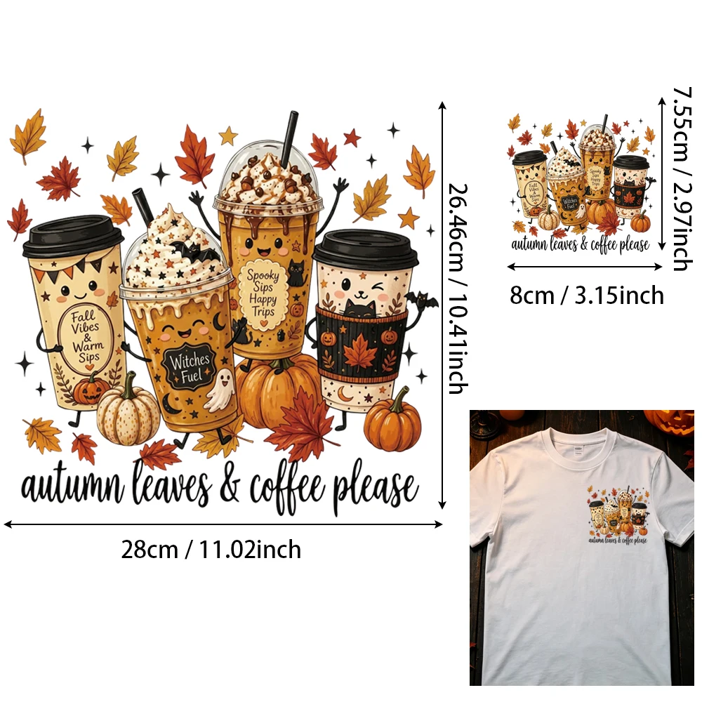 2Pcs Lay-Flat Latte Art HTV, Fall Leaf Quote Iron-on for Jackets, Curl-Proof Storage, Fine Line No Crack Wrinkle-Free