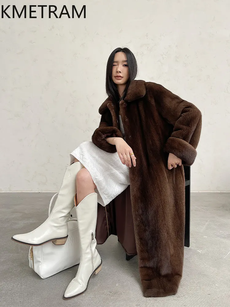 KMETRAM Women's Natural Mink Fur Coat Retro Coffee Long Fur Jacket Warm Winter Real Fur Coat Woman Clothes 2026 куртка женская