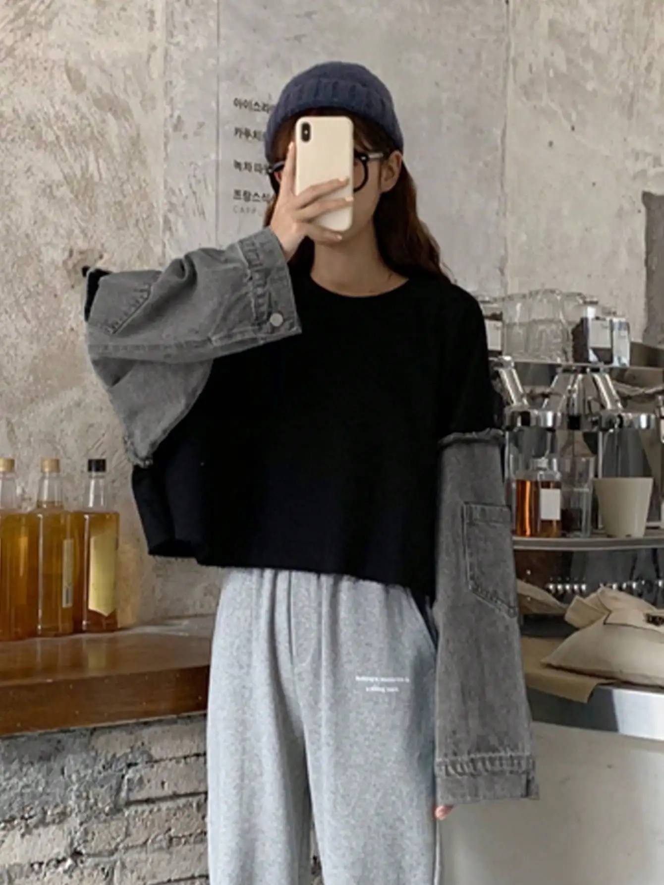 

Korean Chic Autum Design Fake Two-Piece Round Neck Sweatshirt for Women 2024 New Hot Style Small Loose Top 한옷