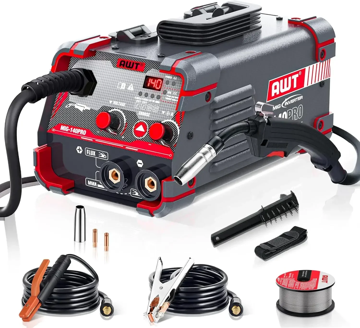 140Amp MIG-lasapparaat Flux Core MIG-lasapparaat / Stick / Lift TIG 3-in-1 lasapparaat, lasmachine 110V met synergy IGBT-omvormer