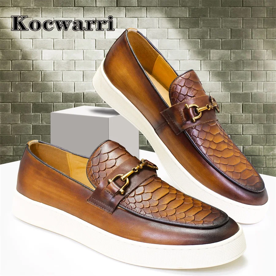 Men's Casual Chic Genuine Leather Burnished Handmade SnakeEmbossed Horsebit Buckle Platform SlipOn Loafers AllSeason Streetwear
