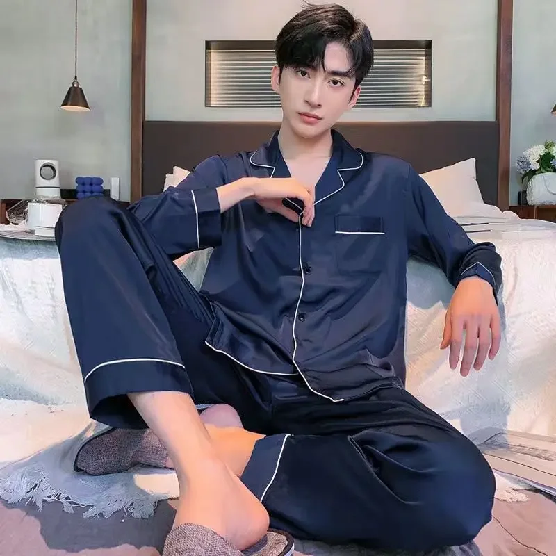 Long Sleeve Thin Artificial Silk All-season Wear Loungewear Can Be Worn Outside Ice Silk Pajamas Gentleman Spring Autumn Summer