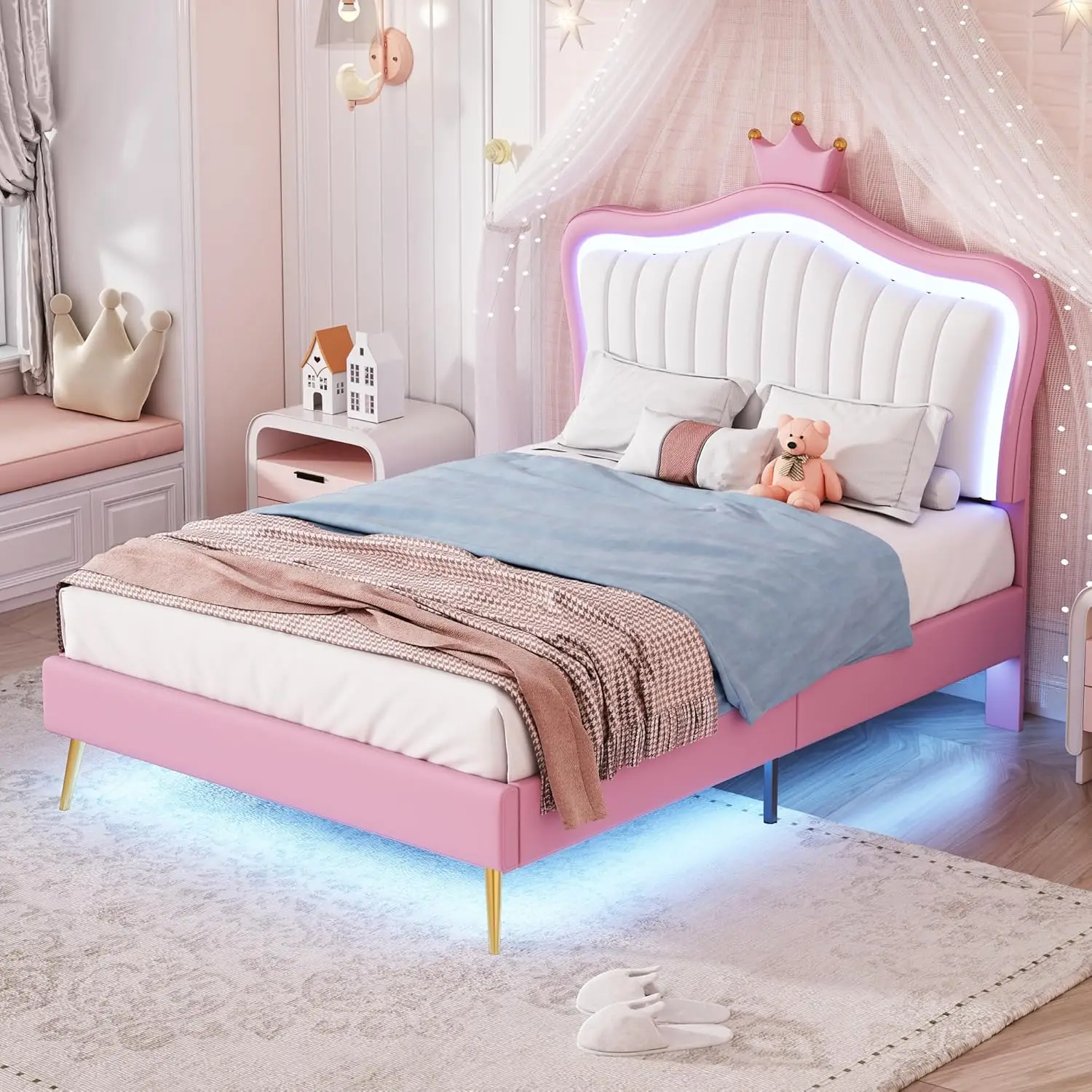 LED Twin Bed Frame, Upholstered Platform Bed with Crown Headboard, Modern Faux Leather Princess Beds with Light for Kids Teens