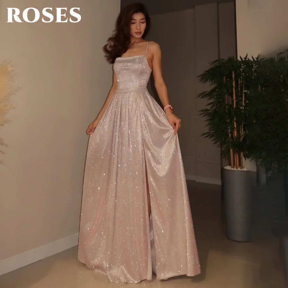 ชุดราตรีสีเงินวิบวับ โรส ซิลเวอร์ ทรงเอไลน์ สำหรับงานพรอม งานแต่งงาน หรืองานเลี้ยงตอนเย็น แบบมีรอยผ่า แขนกุด สามารถสั่งตัดได้