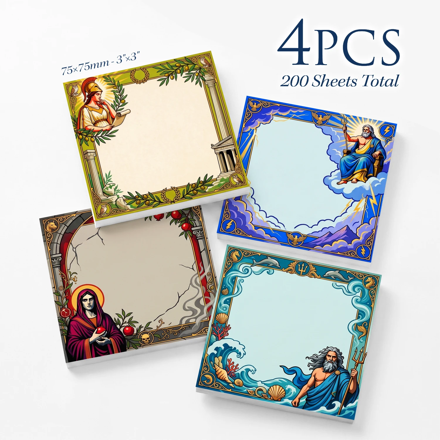 4pcs Greek Mythology Sticky Notes Set, Athena Zeus Hades Poseidon Self Stick Memo Pads, 200 Sheets Total, Vintage  Art Notepads