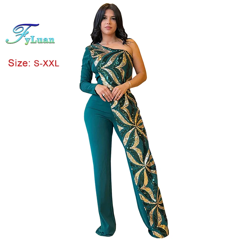 2025 Gorgeous Women Shiny Geometric Sequins Fitted Jumpsuits One Long Sleeve Diagonal Neck Sequined Patchwork Wide Leg Jumpsuits