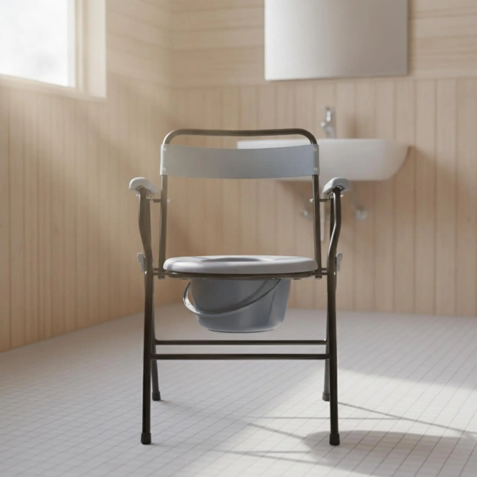 Folding Commode Seat Aluminum Alloy Elderly Shower Chair for Bathroom Bedside Toilet with Removable Pan