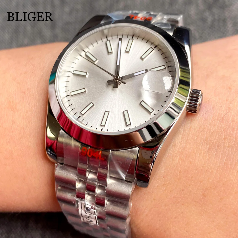 BLIGER 36mm NH35A Polished Case Automatic Watch Men Jubilee Strap Sapphire Glass Luminous Silver Dial Baton Index