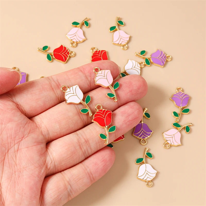 10 Stück 13x24mm Niedliche Emaille-Rosenblüten-Anhänger Passend für Halsketten, Ohrringe, Armbänder, DIY-Bastelzubehör für Schmuckherstellung – Detail 3