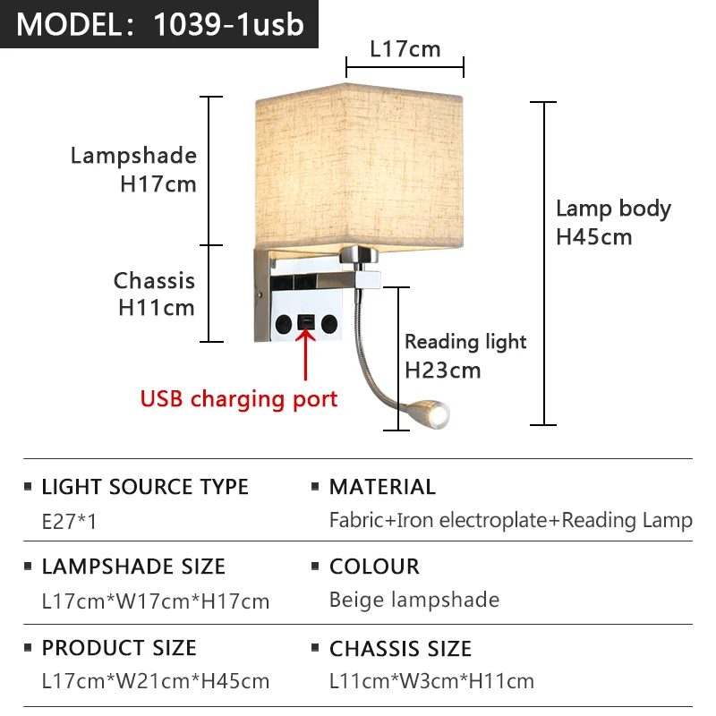 Modern LED Wall Lamp American Fabric Retro with Switch USB Interface Reading Lamp for Living Room Hotel Bedroom Bedside Lamp image 3