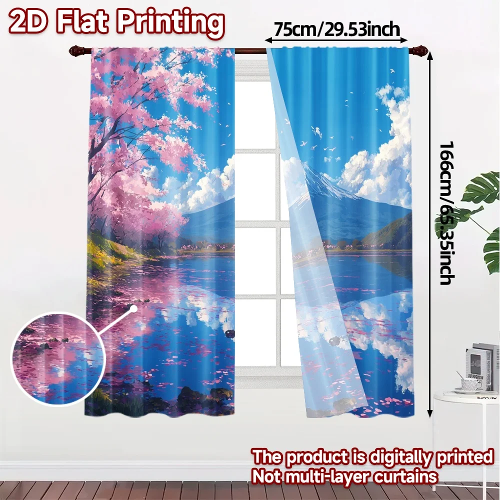 2pcs, 2D FLAT PRINTING Curtains (Without Rod) Sakura Reflection Pattern Modern Curtains Fabric Curtains Holiday Use for Bedroom