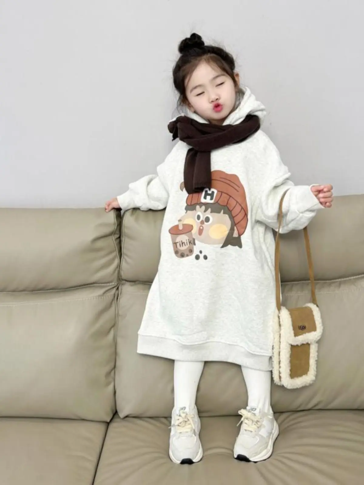 Girls' 2025 AW Korean-Style Integrated Fleece Lined Thickened Warm Long Sweatshirt Dress for 4-12Y