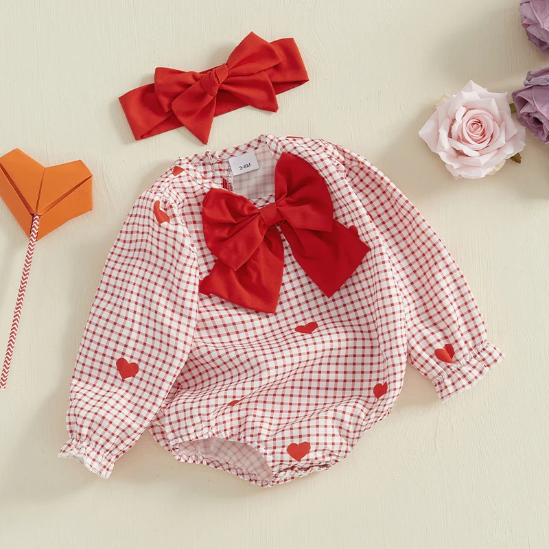 Toddler Girl Valentine s Day Outfit Heart Print Romper with Ruffle Sleeves and Matching Headband Set for Baby Girls