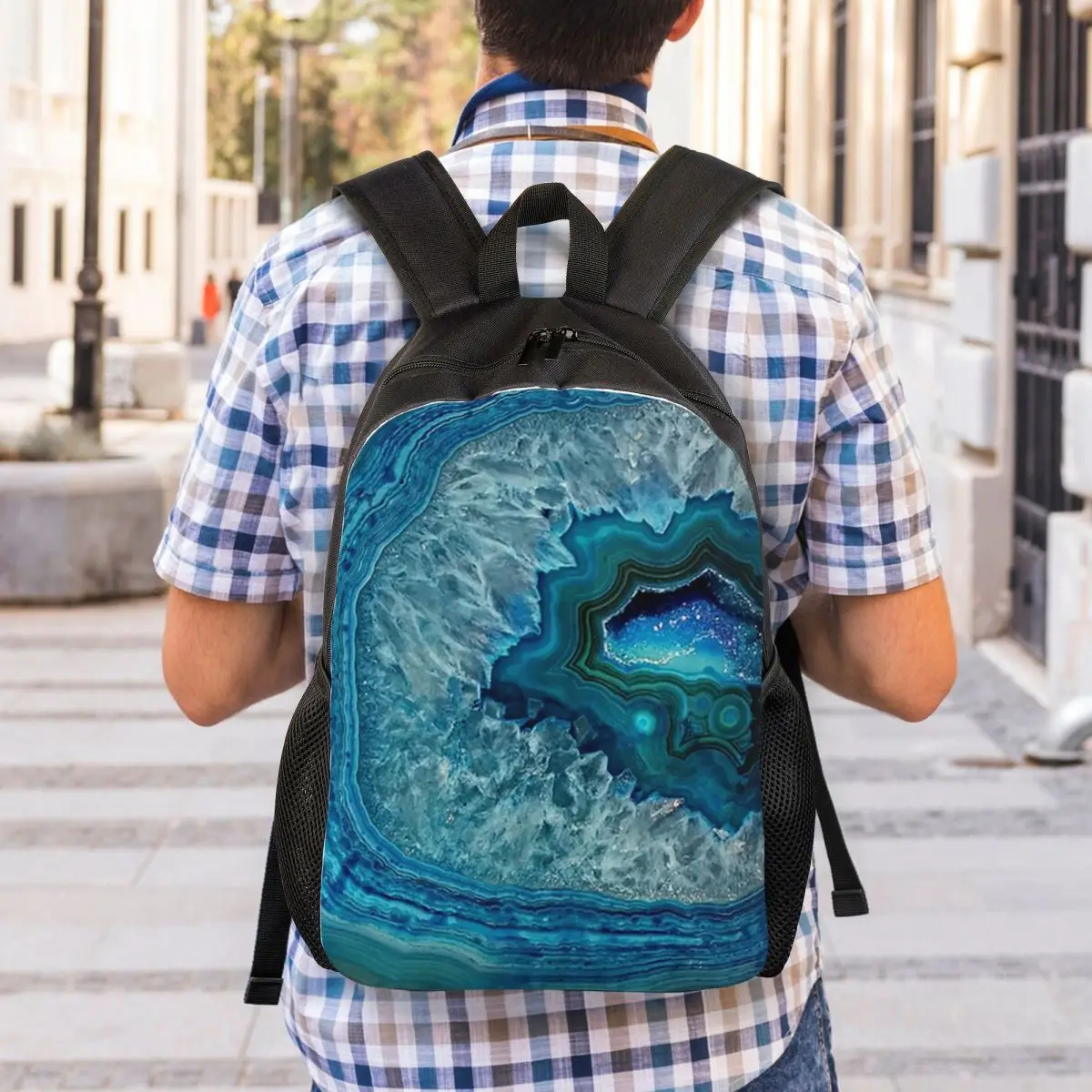 Teal Aqua Turquoise Blue Rock Agate Mineral Crystals Pattern Backpack Student Boys Girls BookBag School Bag Laptop Shoulder Bags