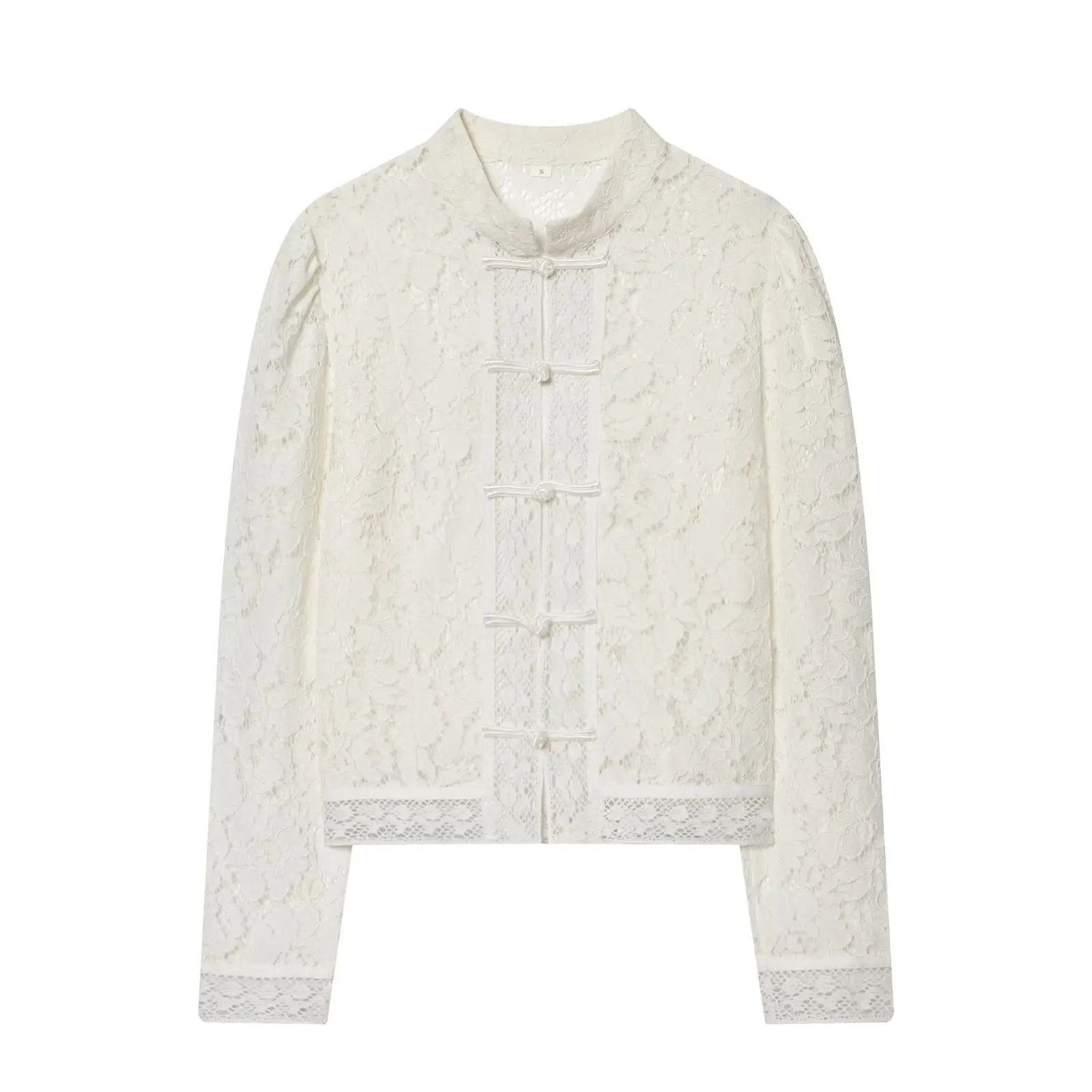 Damska koronkowa bluzka NINE ZAR z stójką, długim rękawem, podkreślająca talię, zapinana na guziki, idealna do pracy, dopasowany krój, modna.